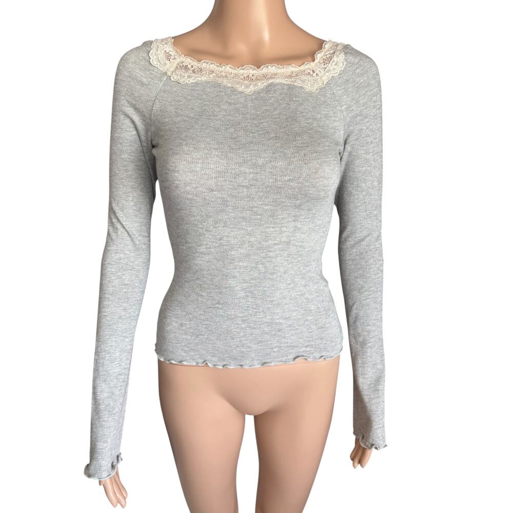 Free People Lace Trim Thermal Top Bell Sleeve Coquette Light Boho Gray NWT M